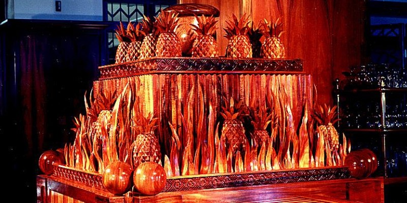 This Glenn Rieder project for the Grand Hyatt in Kauai involved the use of etched glass, bamboo, hand carvings, tappa cloth, lauhala matting, patina finished metals, artifacts, and taxidermy.