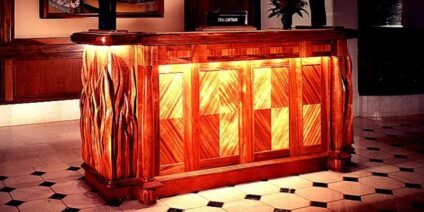This Glenn Rieder project for the Grand Hyatt in Kauai involved the use of etched glass, bamboo, hand carvings, tappa cloth, lauhala matting, patina finished metals, artifacts, and taxidermy.