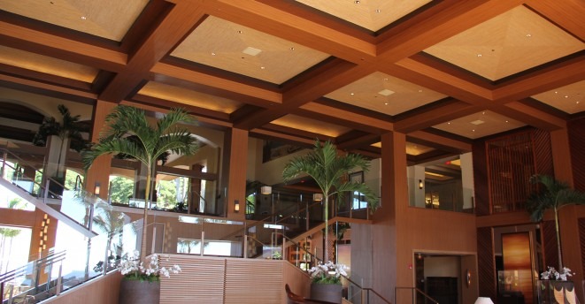 Teak and mahogany paneling are featured throughout several areas