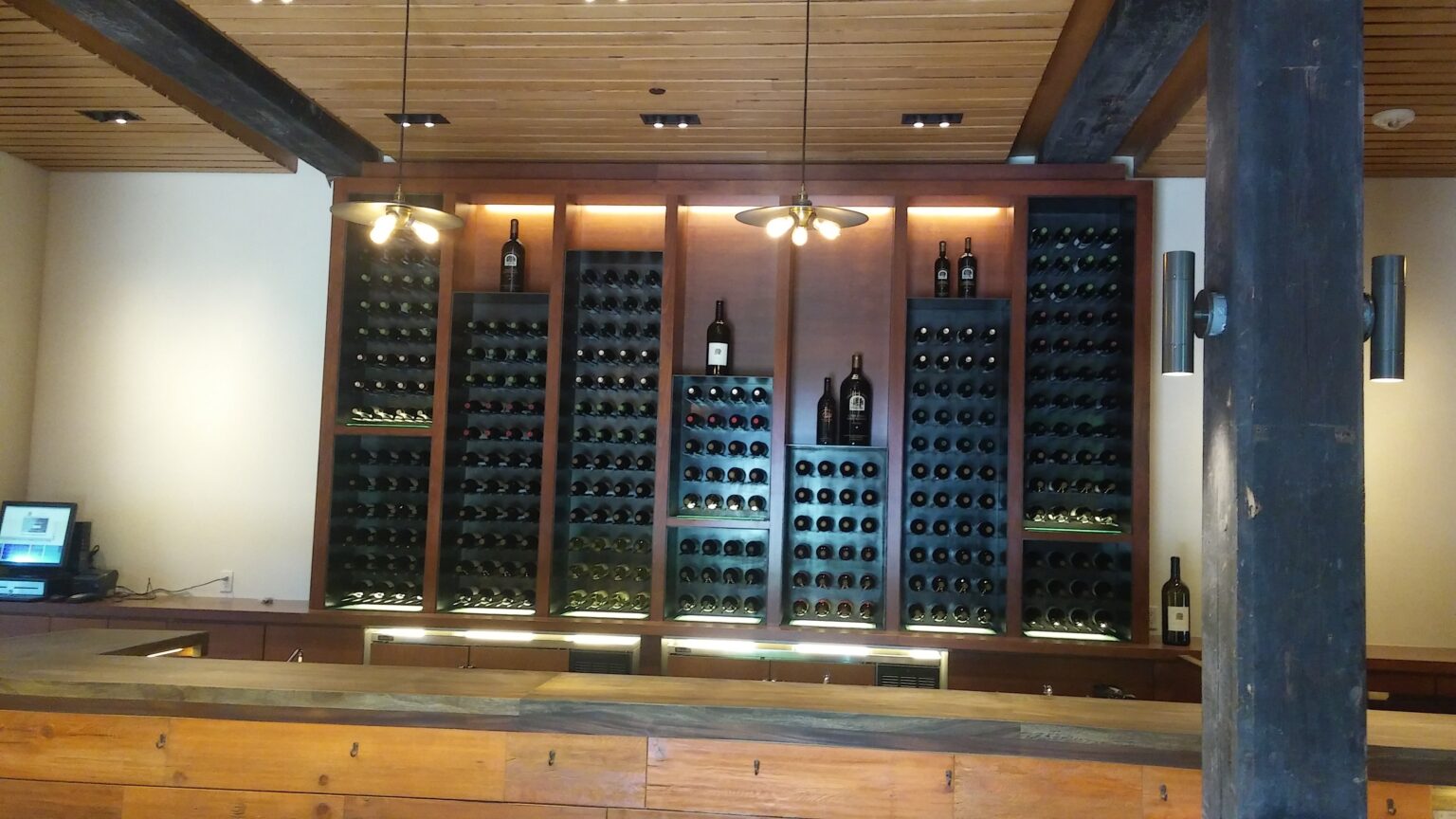 Glenn Rieder provided the commercial interior for Freemark Abbey Winery’s using reclaimed and repurposed redwood throughout the bar and the custom built wine cellar.